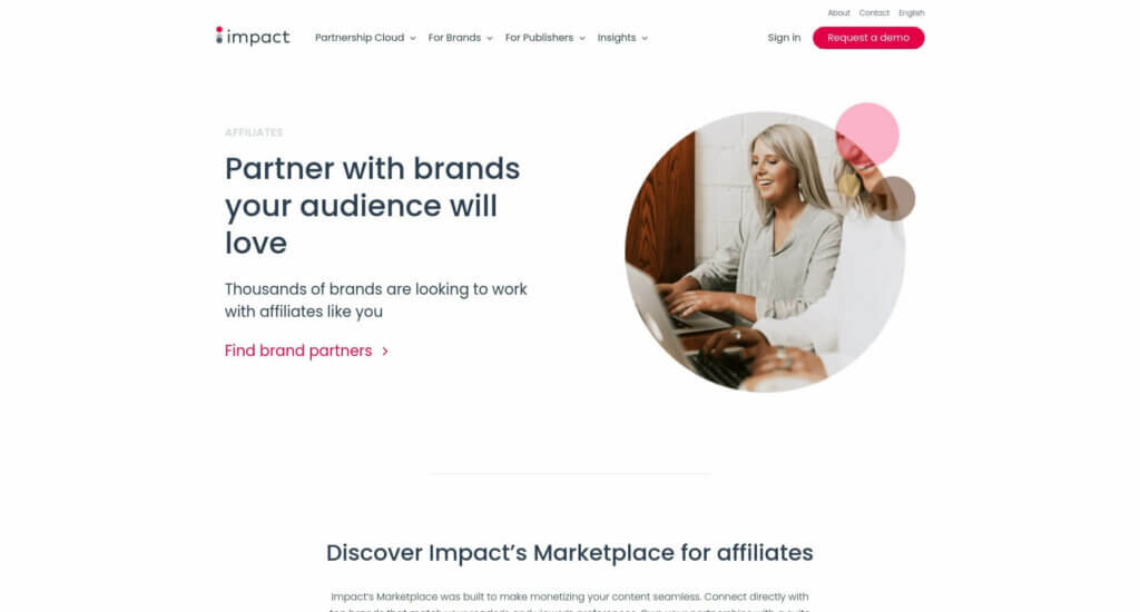 Screenshot of the Impact homepage, an affiliate marketing marketplace