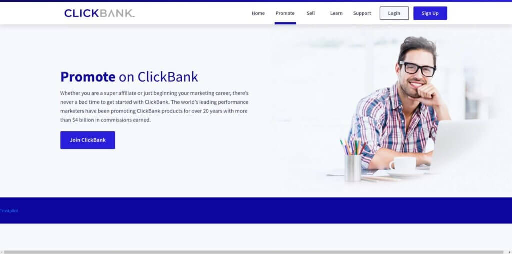 Screenshot of the ClickBank homepage, an affiliate marketing tool for digital products