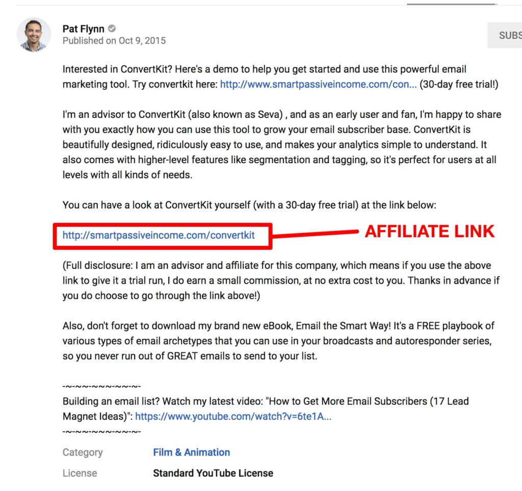 Screenshot of the YouTube description for the ConvertKit video, with two (fully disclosed) affiliate links for ConvertKit